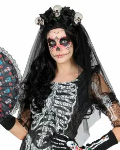 Schwarzer Brautschleier Mit Totenschädeln -Classic Horror Speichern schwarzer brautschleier mit totenkoepfen black veil with skulls halloween kostuemzubehoer 37534 3